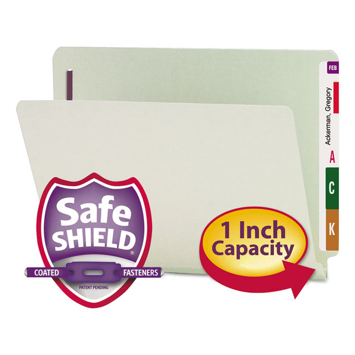 End Tab Pressboard Classification Folders, Straight Tab, Expands 1", 2 SafeSHIELD Fasteners, Letter Size, Gray-Green, 25/Box