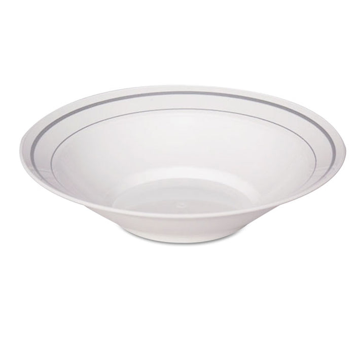 Masterpiece Plastic Dinnerware, Bowl, 10 oz, White/Silver, 10/Pack, 15 Packs/Carton