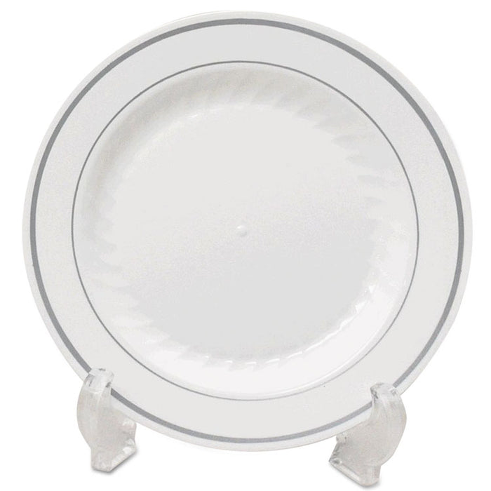 Masterpiece Plastic Dinnerware, Plate, 9" dia, White/Silver, 12/Pack, 10 Packs/Carton
