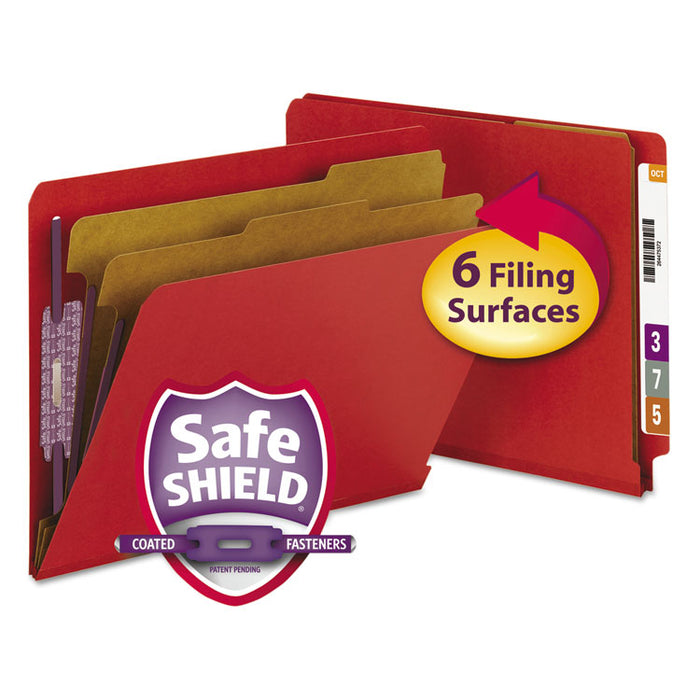 End Tab Pressboard Classification Folders, Expands 2", 2 Dividers, 6 SafeSHIELD Fasteners, Letter Size, Bright Red, 10/Box
