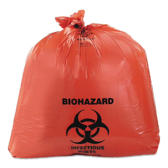 Healthcare Pre-Printed High-Density Can Liners, Infectious Waste Biohazard, 33 gal, 13.97mic, 33 x 40, Red, Flat Pack, 250/CT