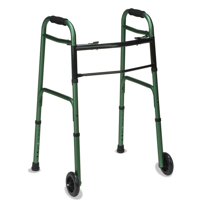 Two-Button Release Folding Walker with Wheels, Adjusts 32" to 38", 250 lbs Capacity, Green/Green Ice