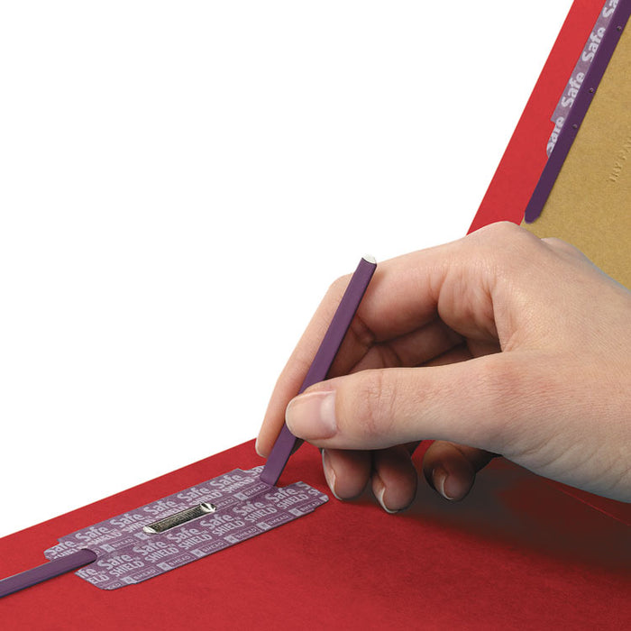 End Tab Pressboard Classification Folders, Expands 2", 2 Dividers, 6 SafeSHIELD Fasteners, Letter Size, Bright Red, 10/Box