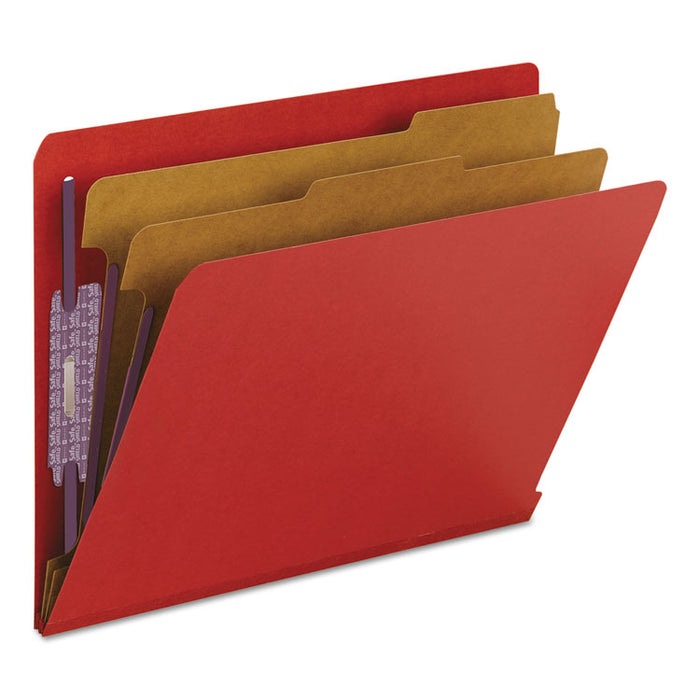 End Tab Pressboard Classification Folders, Expands 2", 2 Dividers, 6 SafeSHIELD Fasteners, Letter Size, Bright Red, 10/Box