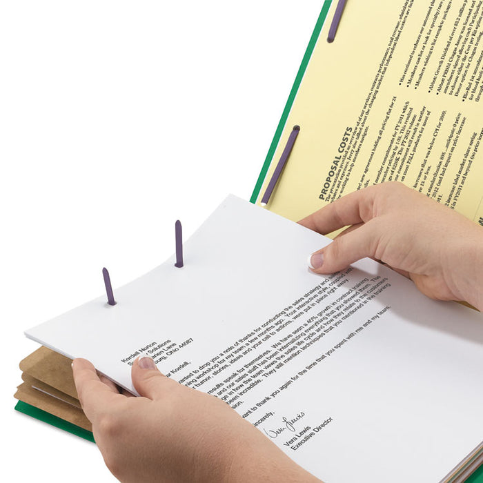 Pressboard Top Tab Classification Folders, 2/5 Tab, Expands 3", 3 Dividers, 8 SafeSHIELD Fasteners, Legal Size, Green, 10/Box