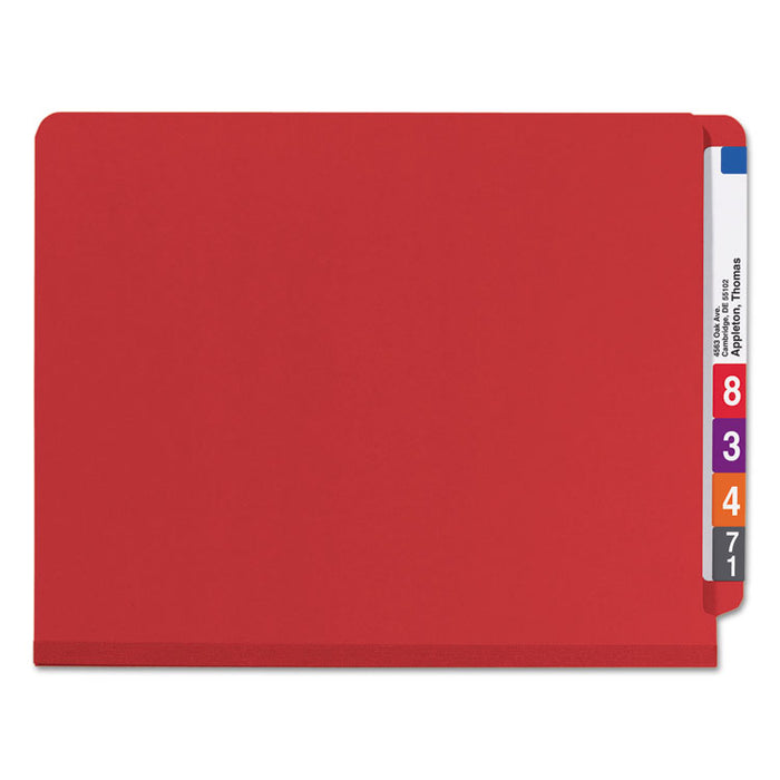 End Tab Pressboard Classification Folders, Expands 2", 2 Dividers, 6 SafeSHIELD Fasteners, Letter Size, Bright Red, 10/Box