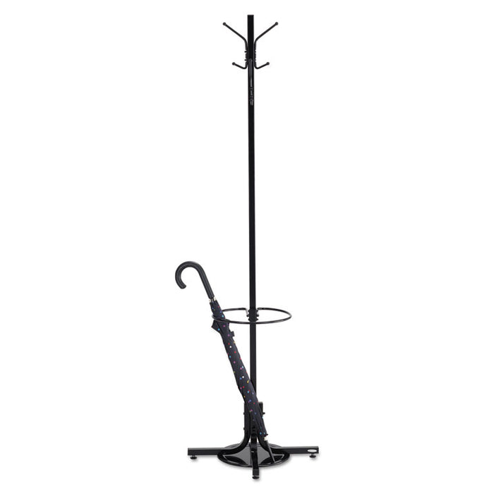 Metal Costumer with Umbrella Holder, Four Ball-Tipped Double-Hooks, 21w x 21d x 70h, Black