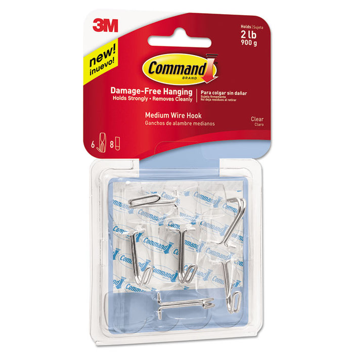 Medium Clear Wire Hooks, Metal Wire, Silver/Clear, Supports 2 lb, 6/Pack