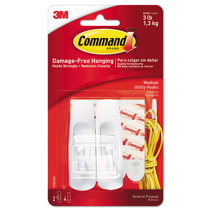 Medium Utility Hooks, Plastic, White, Supports 3 lb, 2/Pack