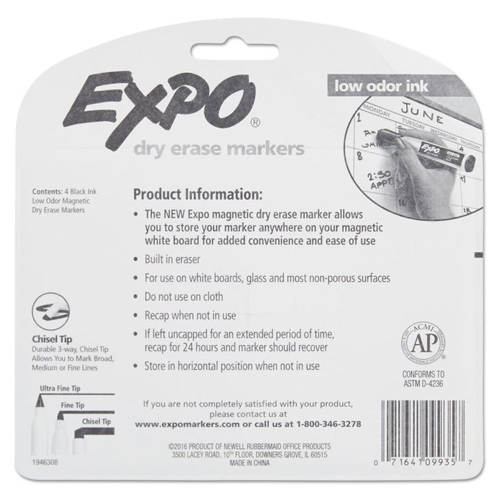 Magnetic Dry Erase Marker, Broad Chisel Tip, Black, 4/Pack