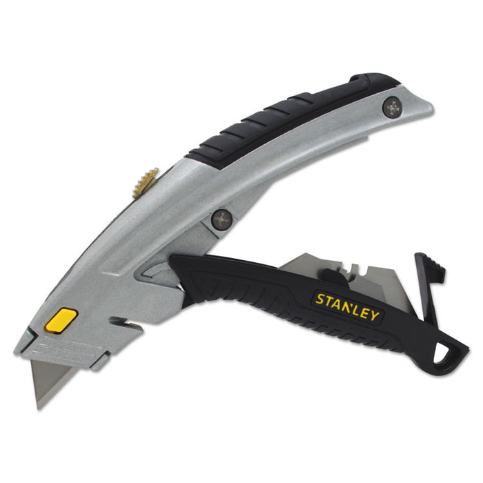 Curved Quick-Change Utility Knife, Stainless Steel Retractable Blade, 3 Blades, 6.63" Metal Handle, Black/Chrome