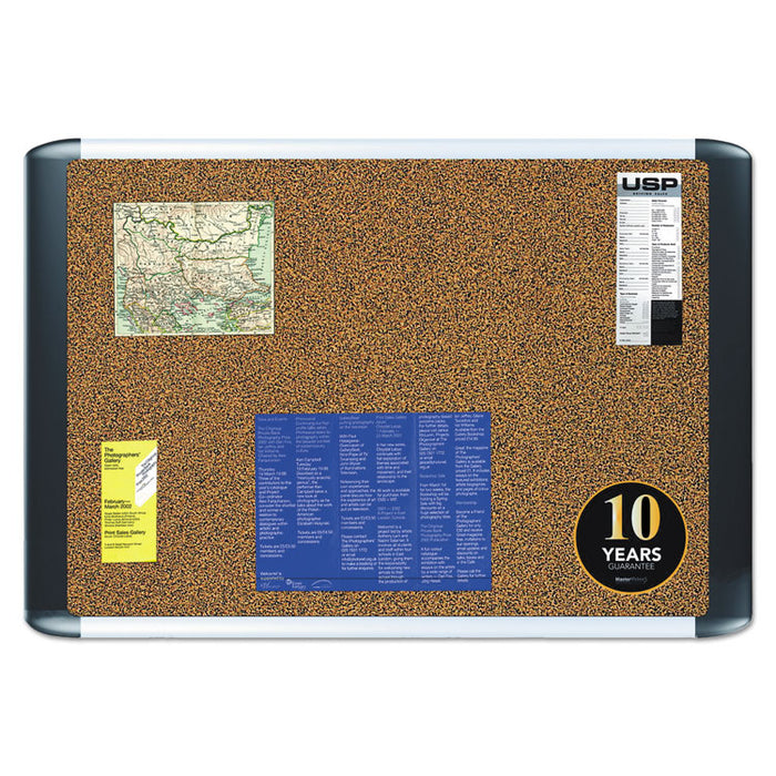 Tech Cork Board, 72" x 48", Tan Surface, Silver/Black Aluminum Frame