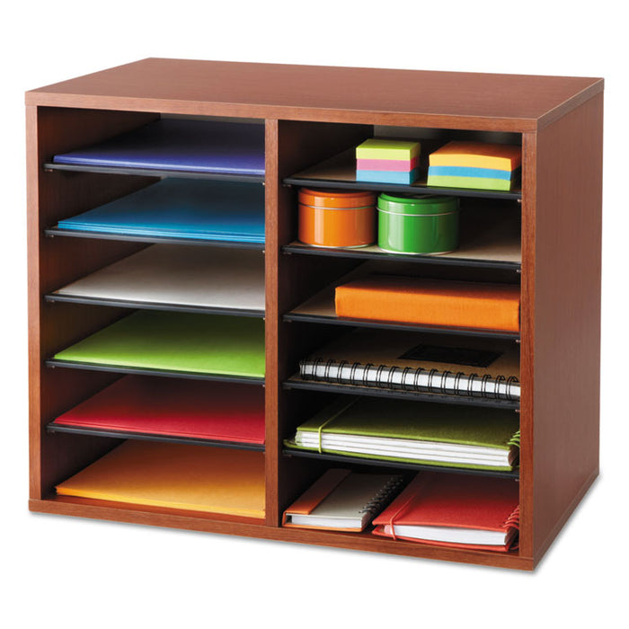 Fiberboard Literature Sorter, 12 Compartments, 19.63 x 11.88 x 16.13, Cherry