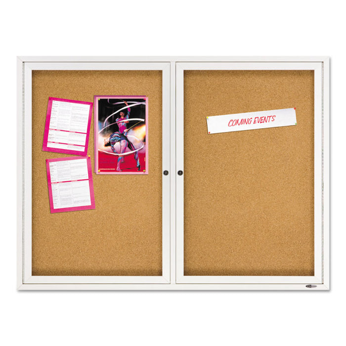 Enclosed Indoor Cork Bulletin Board with Two Hinged Doors, 48" x 36", Tan Surface, Satin Aluminum Frame