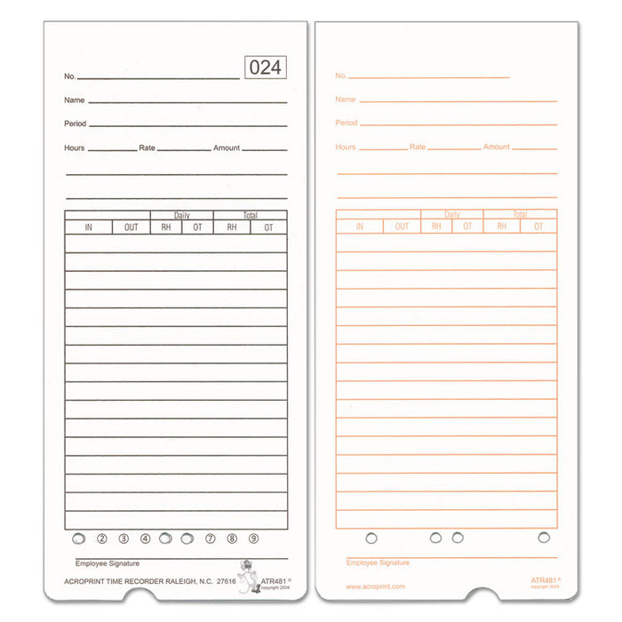 Time Clock Cards for Acroprint ATR480, Two Sides, 7.5 x 3.35, 50/Pack