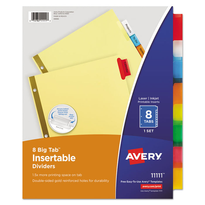 Insertable Big Tab Dividers, 8-Tab, Double-Sided Gold Edge Reinforcing, 11" x 8.5", Buff, Assorted Tabs, 1 Set