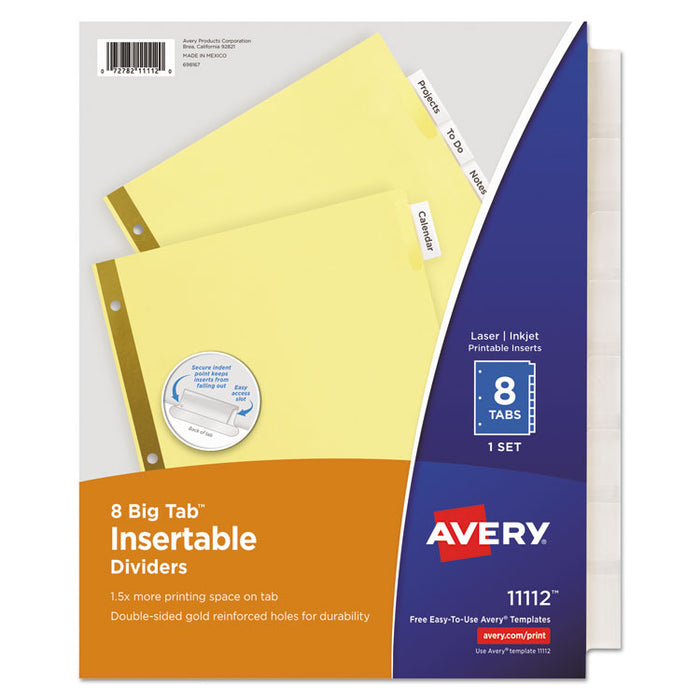 Insertable Big Tab Dividers, 8-Tab, Double-Sided Gold Edge Reinforcing, 11" x 8.5", Buff, Clear Tabs, 1 Set