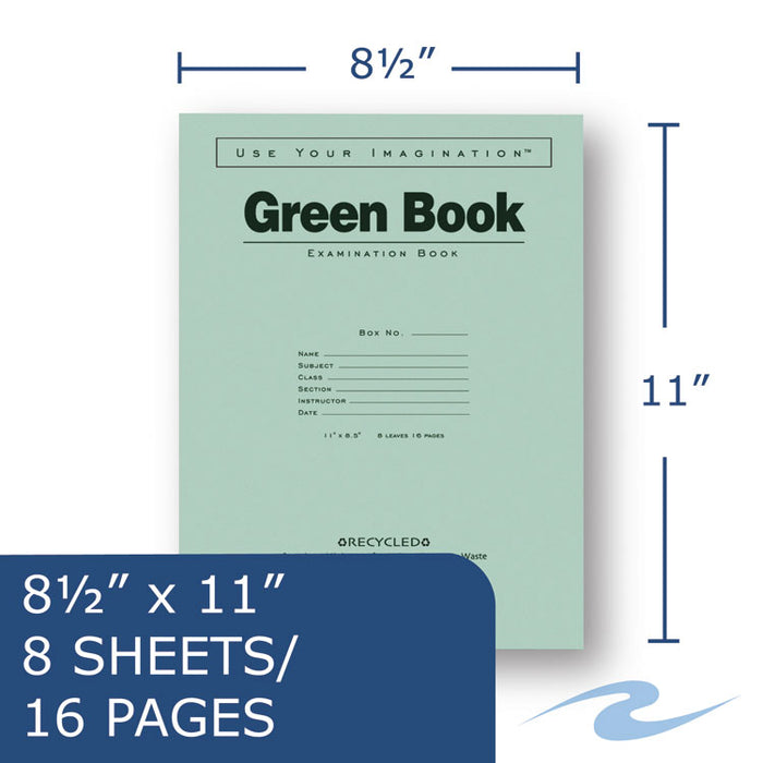 Green Books Exam Books, Wide/Legal Rule, Green Cover, (8) 11 x 8.5 Sheets