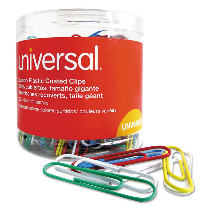 Plastic-Coated Paper Clips with One-Compartment Dispenser Tub, Jumbo, Assorted Colors, 250/Pack