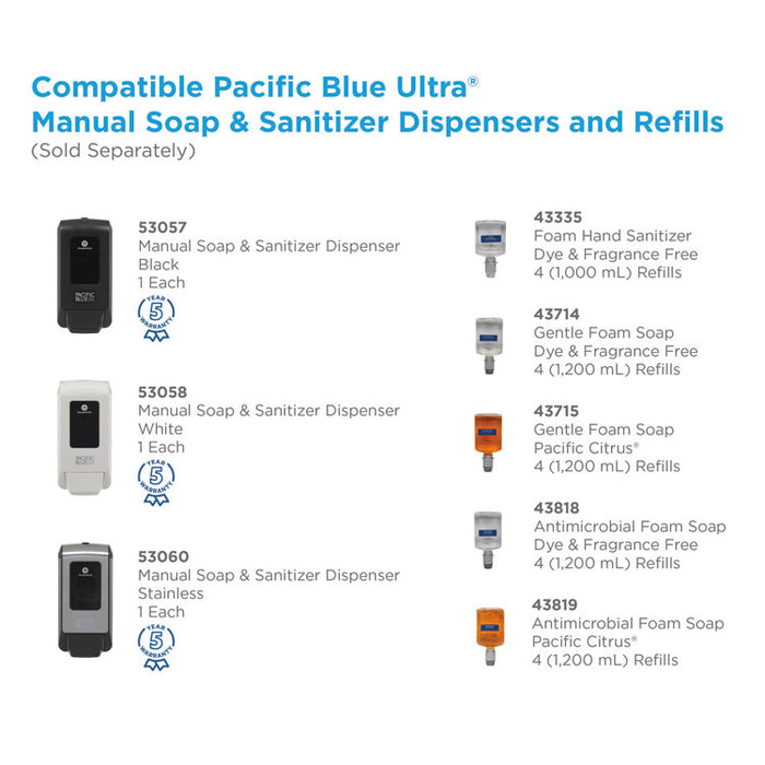 Pacific Blue Ultra Foam Hand Sanitizer Refill For Manual Dispensers, 1,000 mL, Fragrance-Free, 4/Carton