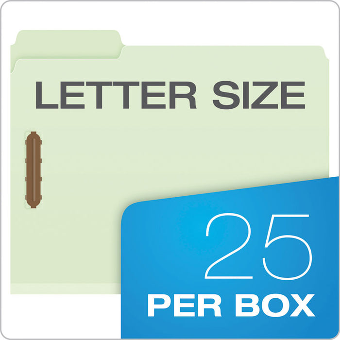 Heavy-Duty Pressboard Folders with Embossed Fasteners, 1/3-Cut Tab, Expands 1", 2 Fasteners, Letter Size, Green, 25/Box