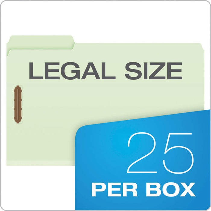 Heavy-Duty Pressboard Folders with Embossed Fasteners, 1/3-Cut Tab, Expands 3", 2 Fasteners, Legal Size, Green, 25/Box