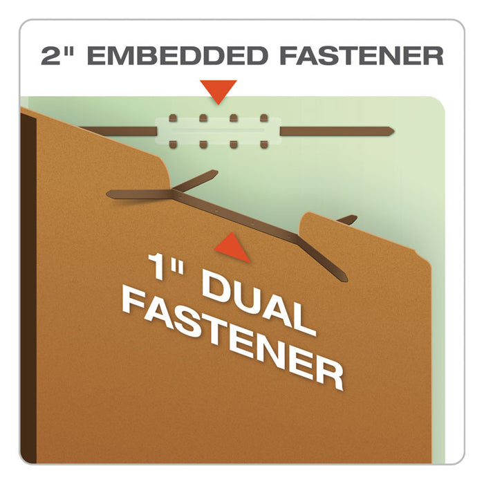 End Tab Classification Folders, Straight Tab, Expands 2", 2 Dividers, 6 Fasteners, Legal Size, Pale Green, 10/Box