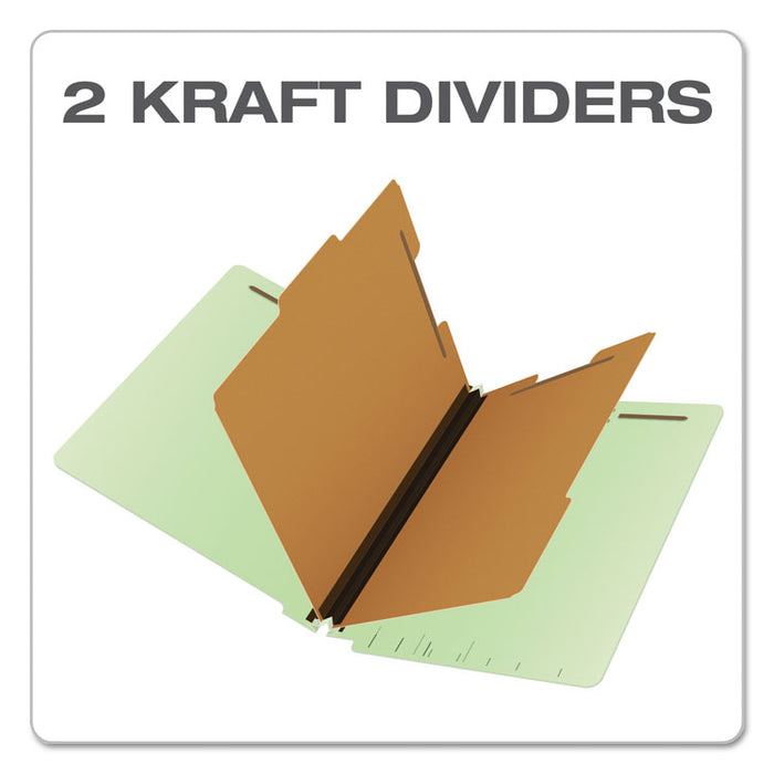 End Tab Classification Folders, Straight Tab, Expands 2", 2 Dividers, 6 Fasteners, Legal Size, Pale Green, 10/Box