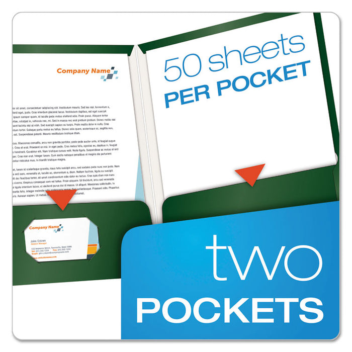 Laminated Twin Pocket Folders, Accommodates (100) 11 x 8.5 Sheets, Green, 25/Box