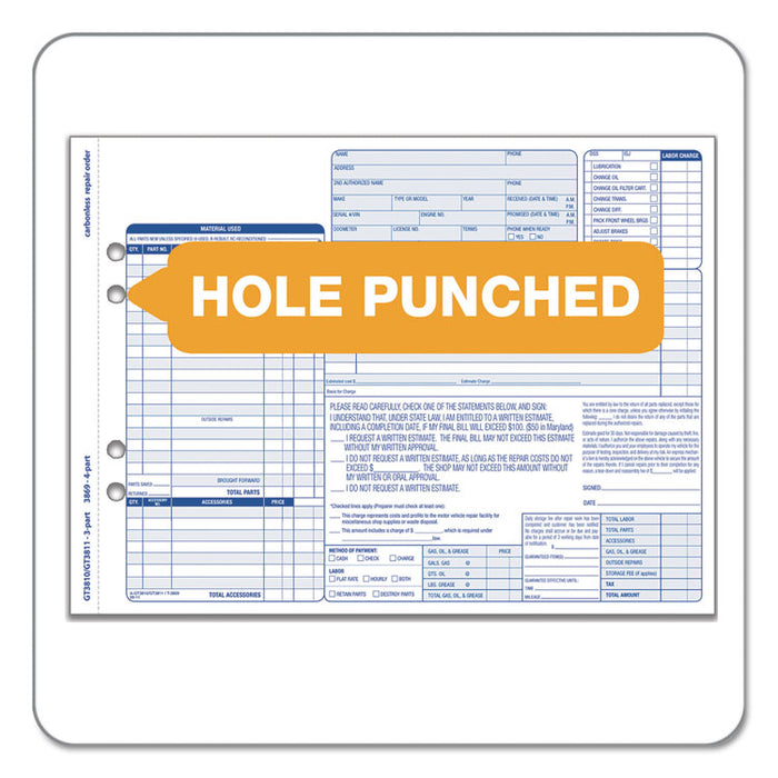 Auto Repair Four-Part Order Form, Four-Part Carbonless, 11 x 8.5, 50 Forms Total