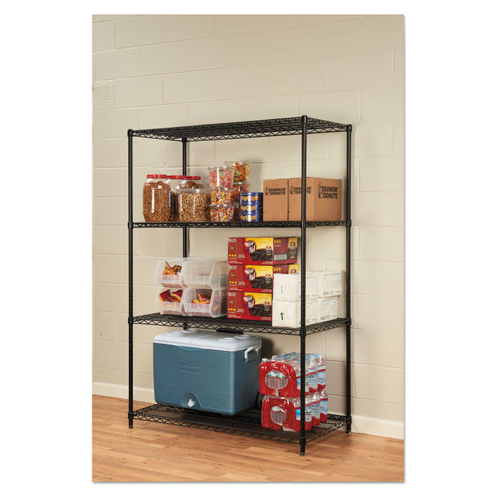 NSF Certified Industrial Four-Shelf Wire Shelving Kit, 48"w x 24"d x 72"h, Black