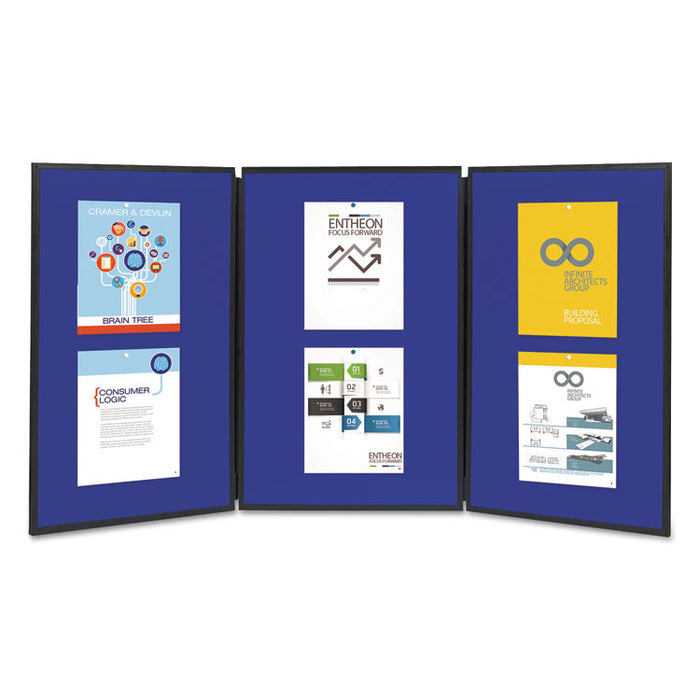 Show-It! Three-Panel Display System, 72" x 36", Blue/Gray Surface, Black PVC Frame