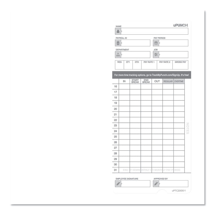 Time Clock Cards for uPunch HN2000/HN4000/HN4600, Two Sides, 7.5 x 3.5, 100/Pack