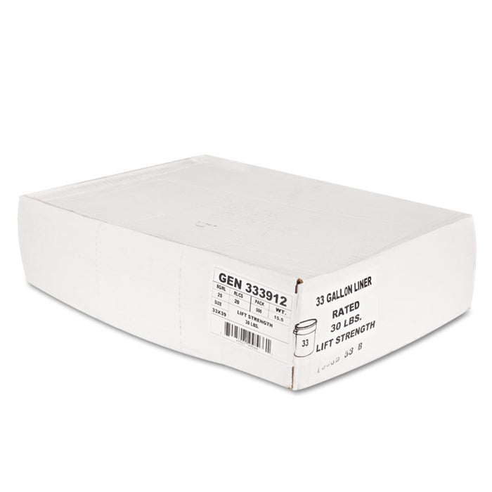 High-Density Can Liners, 33 gal, 9 mic, 33" x 39", Natural, Perforated Roll, 25 Bags/Roll, 20 Rolls/Carton