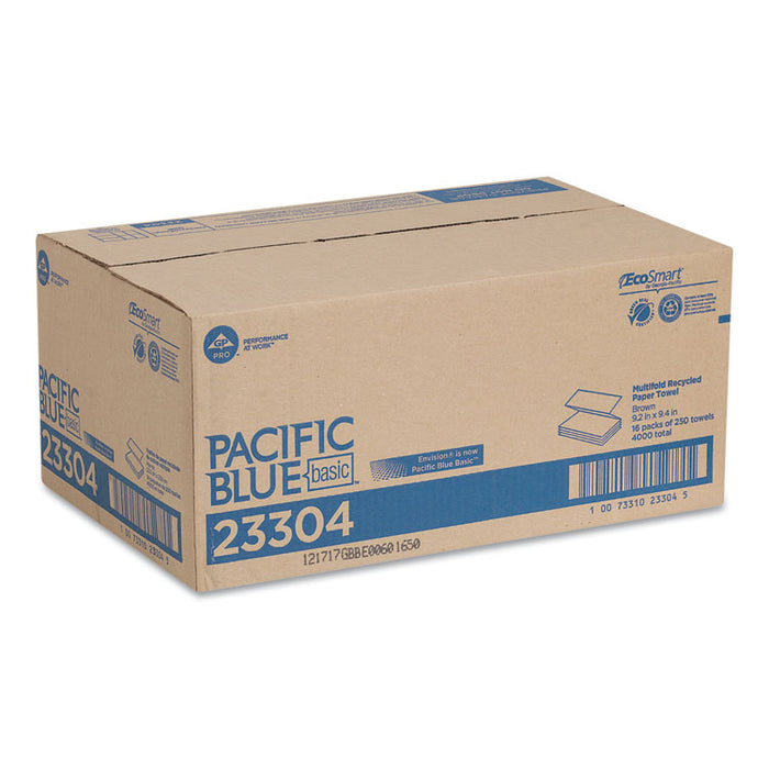 Pacific Blue Basic M-Fold Paper Towels, 1-Ply, 9.2 x 9.4, Brown, 250/Pack, 16 Packs/Carton