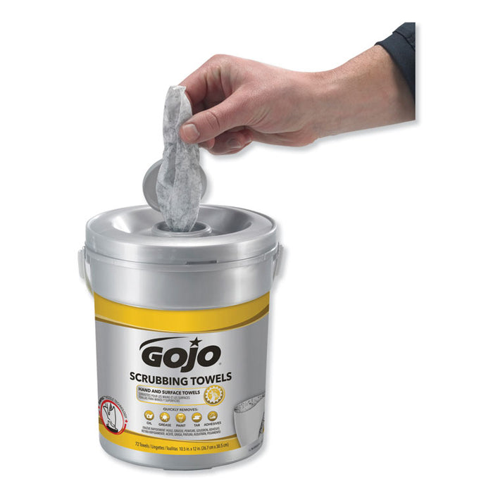 Scrubbing Towels, Hand Cleaning, 2-Ply, 10.5 x 12, Fresh Citrus, Silver/Yellow, 72/Bucket