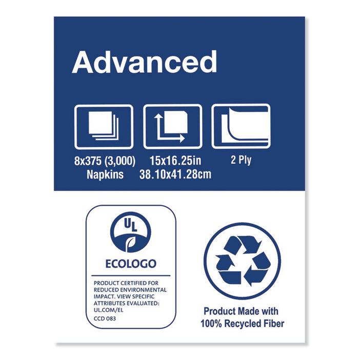 Advanced Dinner Napkins, 2-Ply, 15 x 16.25, 1/8 Fold, White, 375/Packs, 8 Packs/Carton