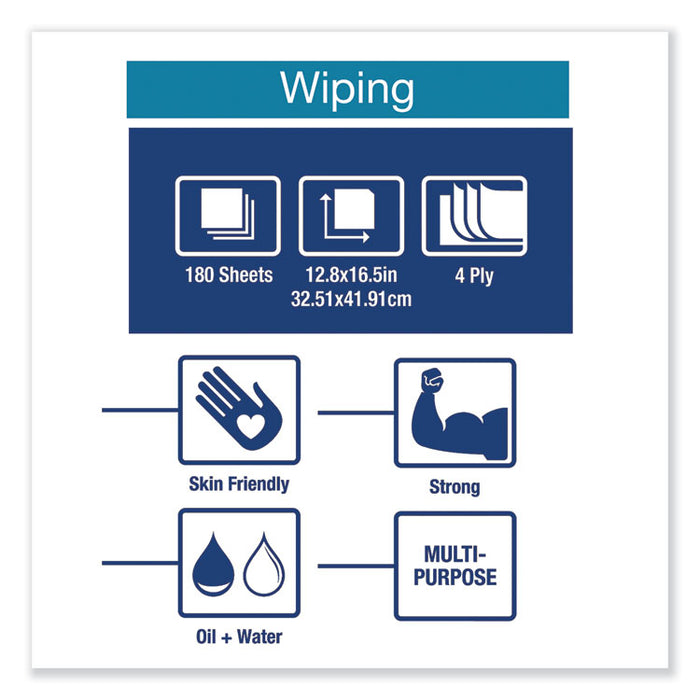 Industrial Paper Wiper, 4-Ply, 12.8 x 16.5, Unscented, Blue, 180/Carton