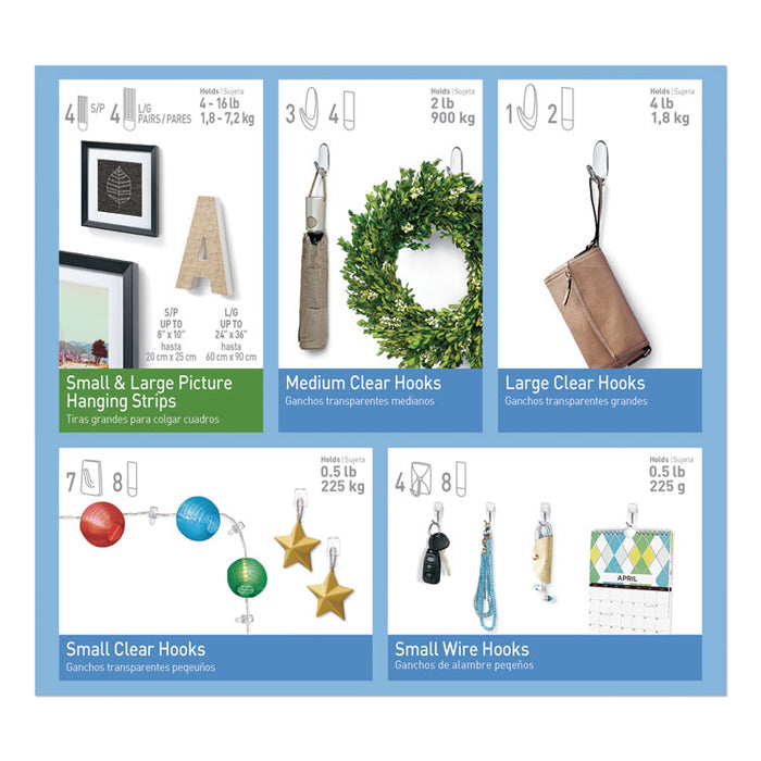 Clear Hooks and Strips, Assorted Sizes, Plastic, 0.05 lb; 2 lb; 4-16 lb Capacities, 16 Picture Strips/15 Hooks/22 Strips/Pack