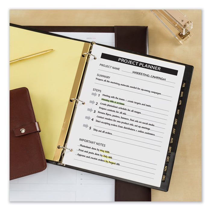 Preprinted Black Leather Tab Dividers w/Gold Reinforced Edge, 12-Tab, Jan. to Dec., 11 x 8.5, Buff, 1 Set