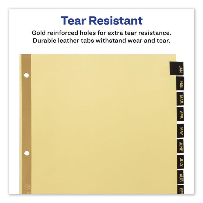 Preprinted Black Leather Tab Dividers w/Gold Reinforced Edge, 12-Tab, Jan. to Dec., 11 x 8.5, Buff, 1 Set
