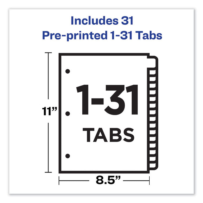 Preprinted Black Leather Tab Dividers w/Gold Reinforced Edge, 31-Tab, 1 to 31, 11 x 8.5, Buff, 1 Set