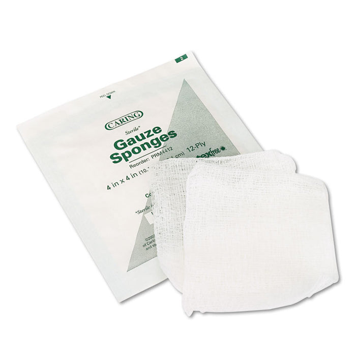 Caring Woven Gauze Sponges, Sterile, 12-Ply, 4 x 4, 1,200/Carton