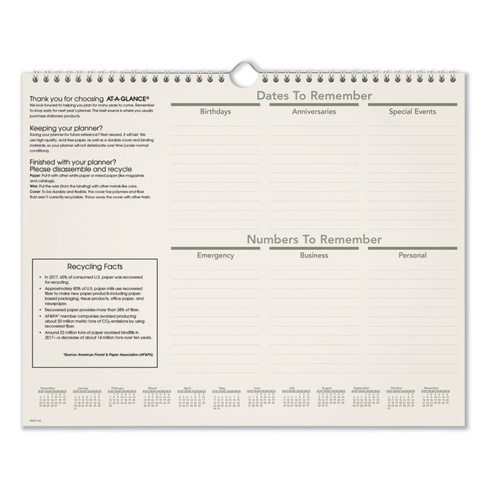 Recycled Wall Calendar, Unruled Blocks, 15 x 12, Sand/Green Sheets, 12-Month (Jan to Dec): 2026