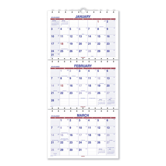 Move-A-Page Three-Month Wall Calendar, 12 x 27, White/Red/Blue Sheets, 15-Month: Dec 2025 to Feb 2027