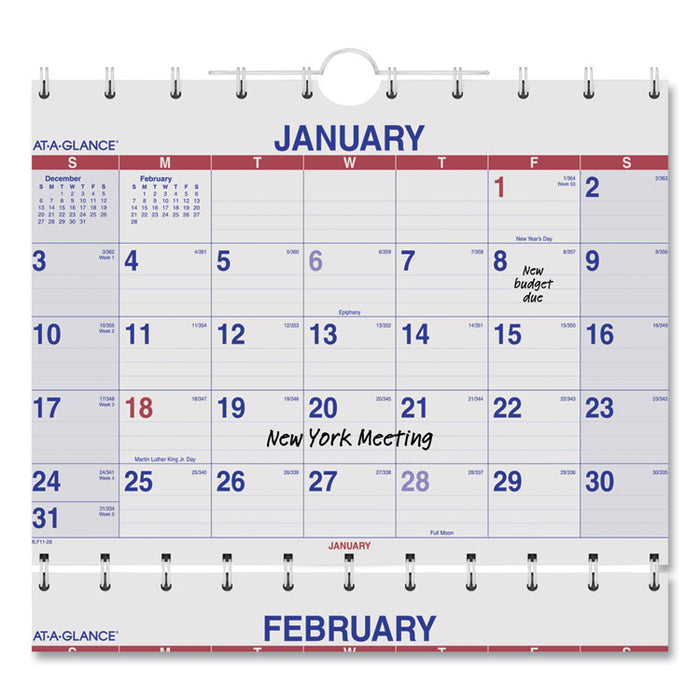 Move-A-Page Three-Month Wall Calendar, 12 x 27, White/Red/Blue Sheets, 15-Month: Dec 2025 to Feb 2027