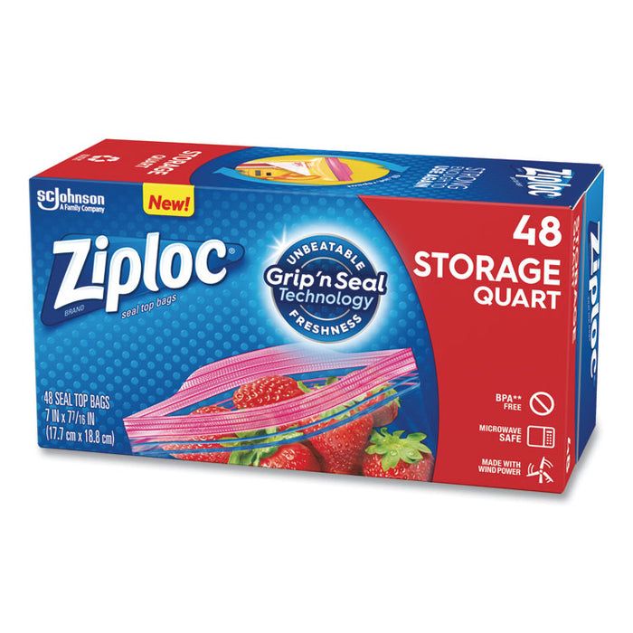 Double Zipper Storage Bags, Triple System Seal, Quart, 9.63" x 8.5", Clear, 48/Box