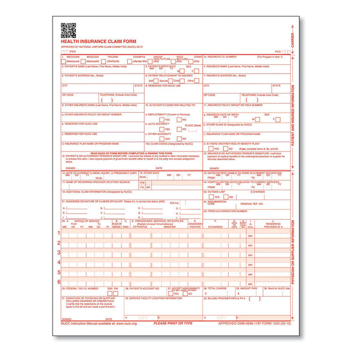 CMS-1500 Health Insurance Claim Form, One-Part (No Copies), 8.5 x 11, 250 Forms Total