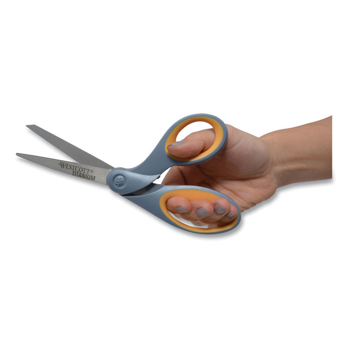 Titanium Bonded Scissors, 8" Long, 3.5" Cut Length, Crane-Style Gray/Yellow Handle