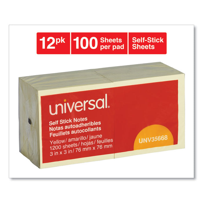 Self-Stick Note Pads, 3" x 3", Yellow, 100 Sheets/Pad, 12 Pads/Pack